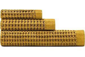 ONSEN Bath Towel Set - Waffle Weave - 3 Piece Bathroom Towel Set - 100% Supima Cotton - Ultra Soft - Quick Drying - Bath Towel (31" x 57"), Hand Towel (16" x 30") & Face Towel (12" x 12") - Ochre