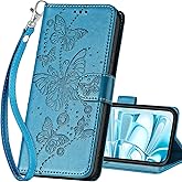 SASYMALY for iPhone 16 Wallet case, Flip Folio Cover with Stand Feature for Women Men, PU Leather Phone Case Fit for iPhone 16 6.1'' [Blue-Butterfly]