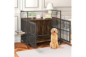 Advwin 41" Dog Crate Furniture, Wooden kennel indoor with 2 Stainless Steel Bowls rotating feeder, side end table with double doors, for Small Medium Large Dogs, Dogit Crate Extra Large Dog Crate