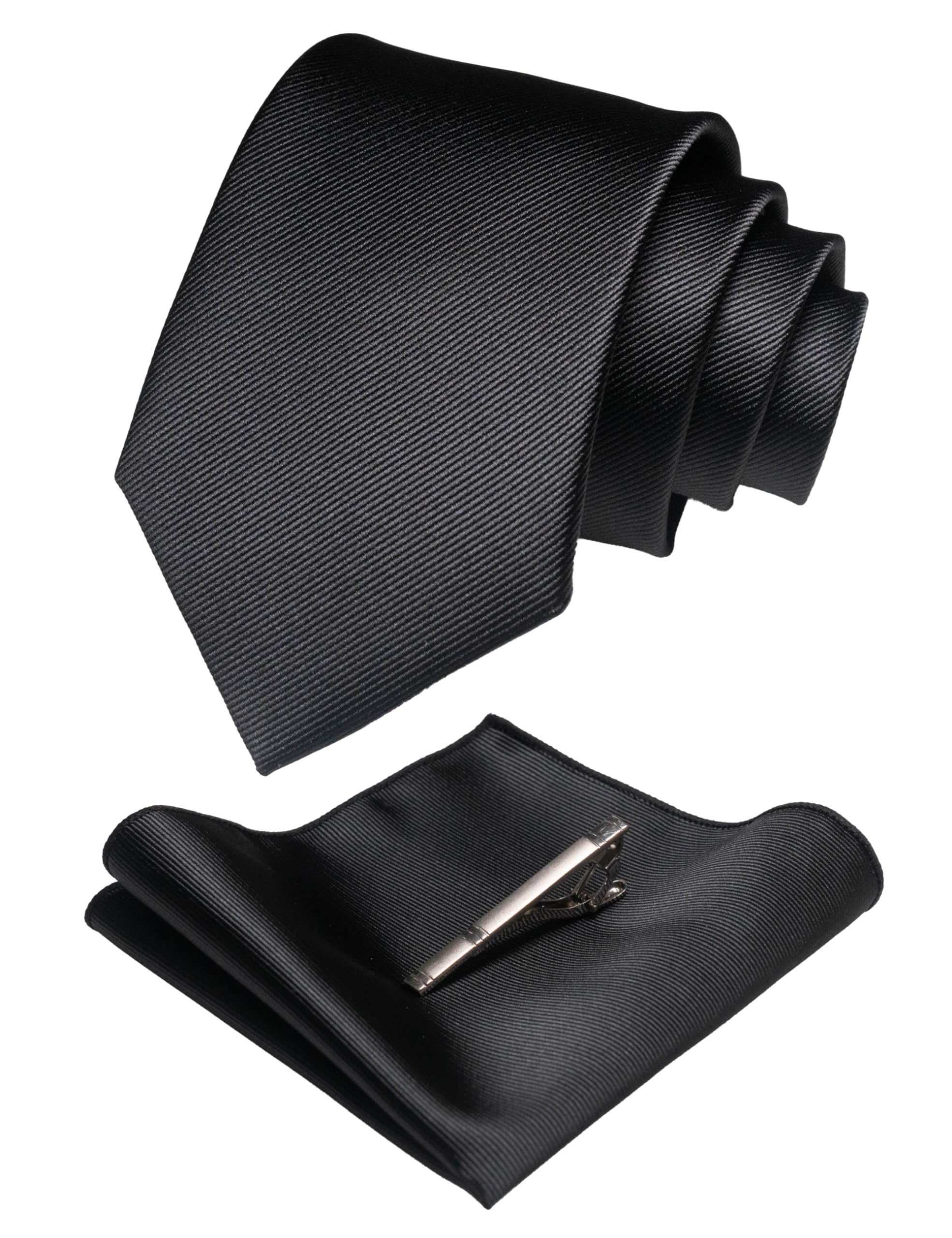 RBOCOTT Black Silk Tie and Pocket Square, Necktie Tie Clip Set for Men (13)