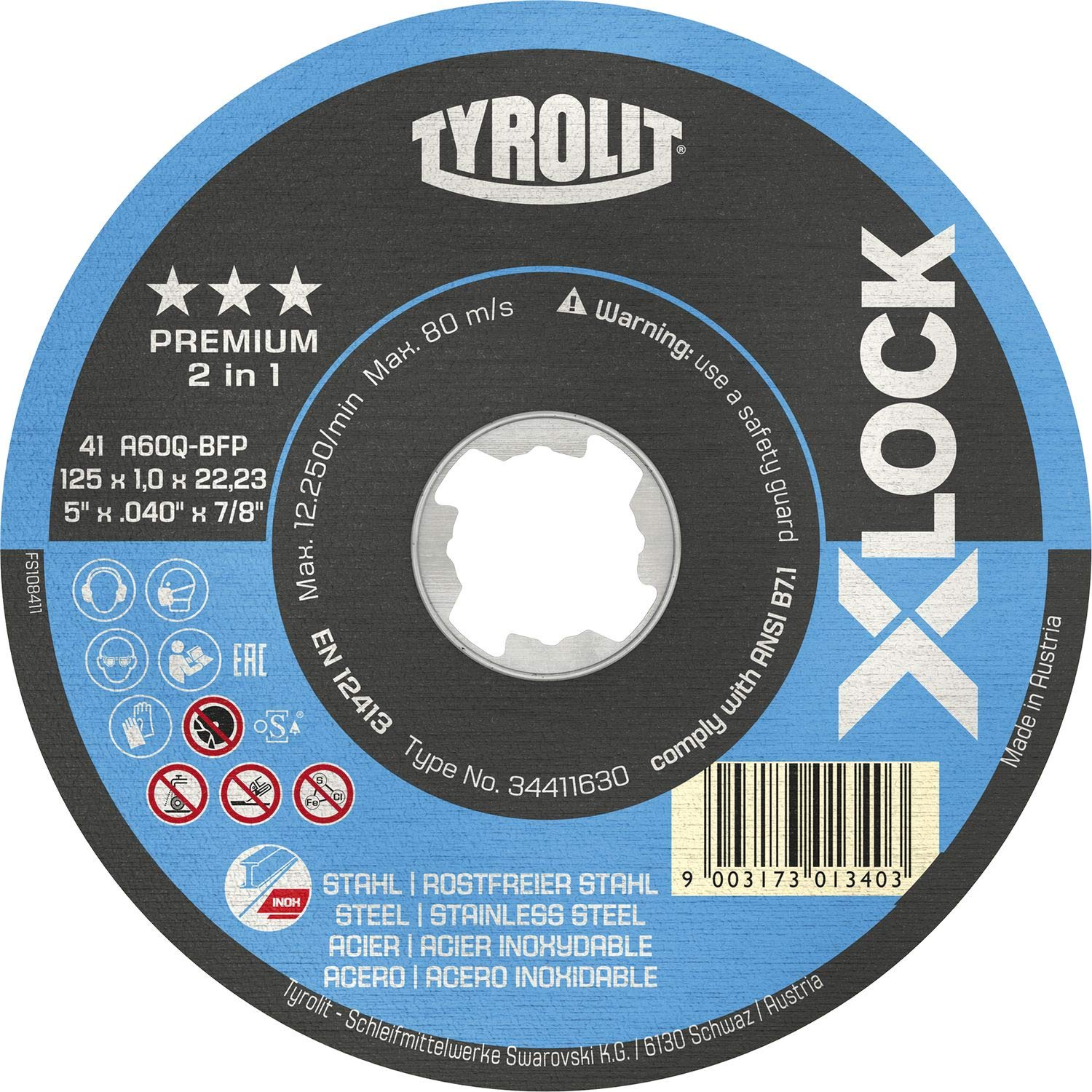 TYROLIT X-LOCK Cutting Disc Steel/Stainless Steel Straight Premium 125 x 1.0 mm Pack of 25