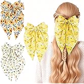 3 PCS Satin Hair Bows for Women and Girls Floral Bow Hair Clips for Thick Curly Hair Large Bowknot Hair Barrettes Sunflower Flower Print Nonslip Claw Hair Accessories