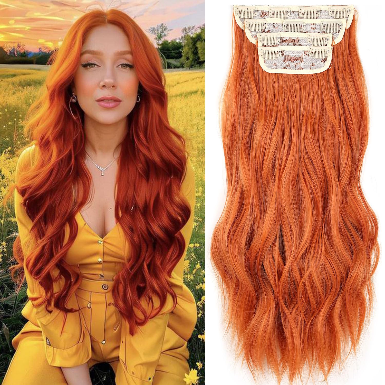 Mscat 20 Inch Wavy Hair Extensions - Orange Clip in Synthetic Hair Pieces for Women - 4PCS Full Head Set - Thick Ginger Curly Wavy - 350# — image 1