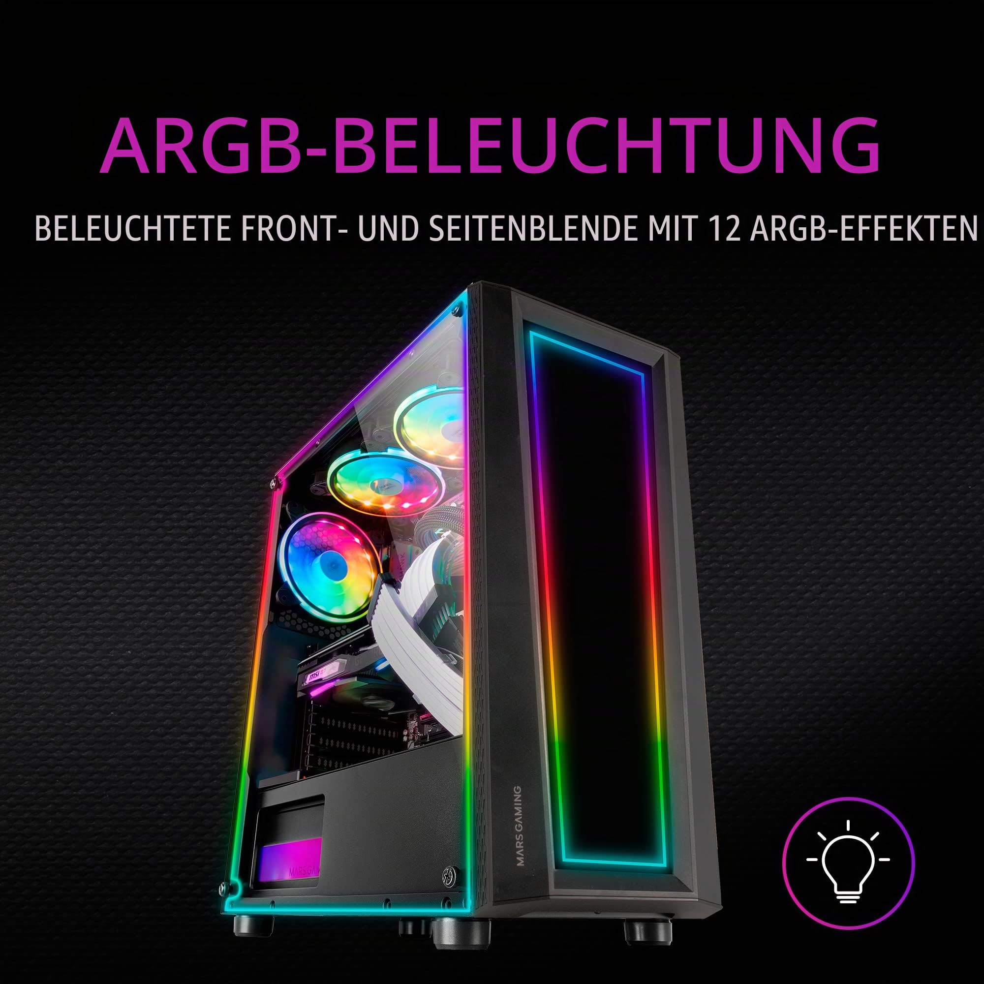 Mars Gaming MC-Art Schwarz, PC Gaming ATX Gehäuse, Doppelt Zeichnbar Gehärtetes Glas, ARGB 12 Mode, 12cm Lüfter, MCART 4