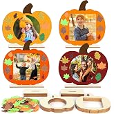 Sealmic Wooden Pumpkin Photo Frame Fall Picture Frame Craft Kits for Kids Maple Leaf Stickers DIY Blank Unfinished Pumpkin Halloween Thanksgiving Harvest Decoration Cutouts Activity Gift 12 Packs