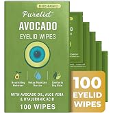 PURELID 100 Pcs Avocado Eyelid Wipes for Daily Eye Hygiene &amp; Gentle Cleansing for Dry &amp; Sensitive Eyelids, Nourishing with Avocado Oil, Aloe Vera &amp; Hyaluronic Acid, pH Balanced, Biodegradable Wipes