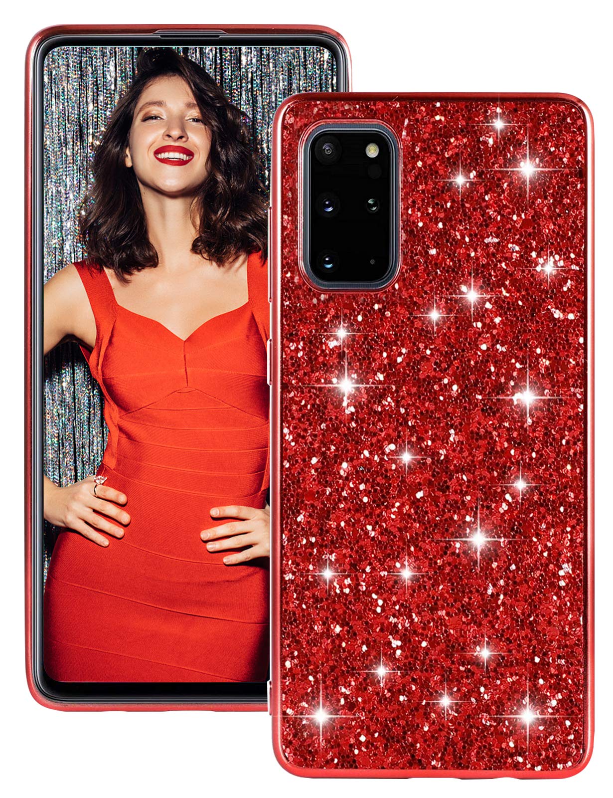 Compatible with Samsung Galaxy S20 / S20 Plus / S20 Ultra Case Glitter Bling Sparkle Shockproof Full Body Protective Ultra Thin TPU Mobile Phone Case Bumper Case (S20 Plus, Red)