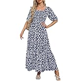 Lyrur Summer Boho Smocked Maxi Dresses for Women 2026 Casual Puff Sleeve Square Neck A Line Tiered Ruffle Ankle Length Dress