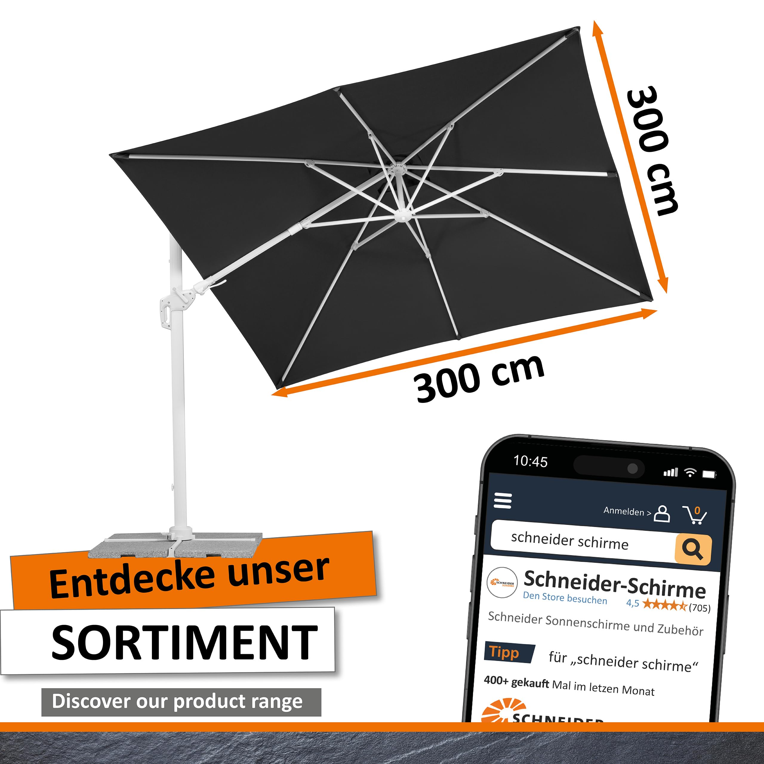 Schneider Sonnenschirm Rhodos Twist Bianco, anthrazit, 300 x 300 cm quadratisch, 731-15, Gestell Alu/Stahl, Bespannung Polyester, 25.7 kg 3