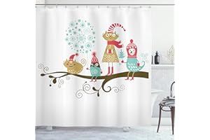 Ambesonne Christmas Shower Curtain, Cheerful Animals Costumes on The Tree Branch in Winter Theme, Cloth Fabric Bathroom Decor Set with Hooks, 69" W x 70" L, Pink Teal