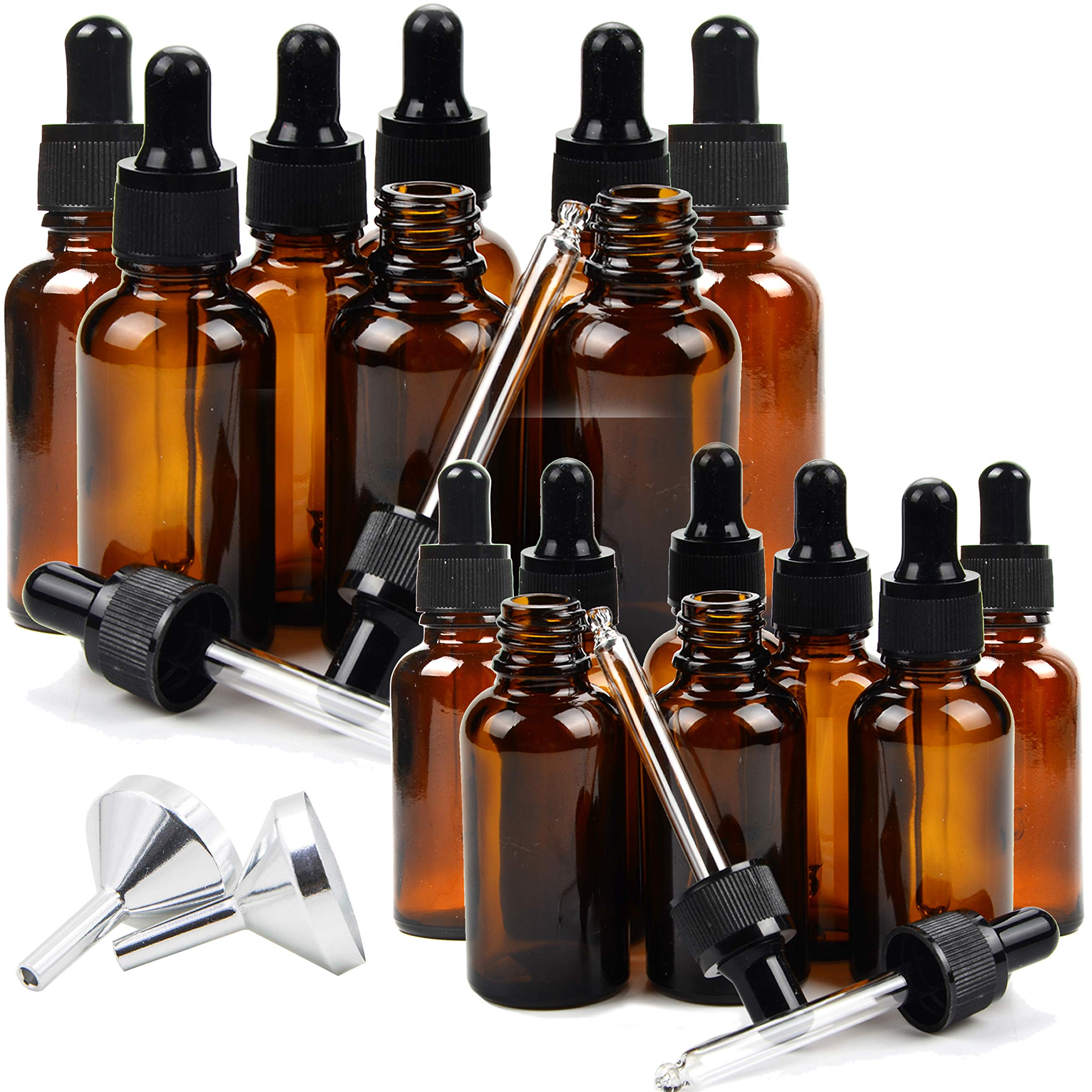 Youngever 16 Pack Amber Glass Dropper Bottles, 8 pack (30ML) Amber Bottles With Glass Eye Dropper, 8 pack (50ML) Amber Bottles With Glass Eye Dropper, with 2 Mini Funnels