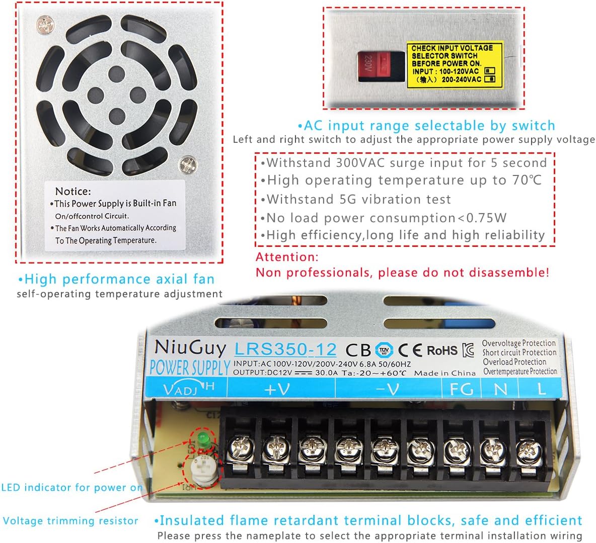 12V 30A DC Switching Power Supply Driver,NIUGUY 350W Switching Converter,Wide Voltage 110V/220V Universal 12V DC Low Voltage Transformer,for Radio, CCTV,Computer Project,LED Strip Light: Home Audio & Theater