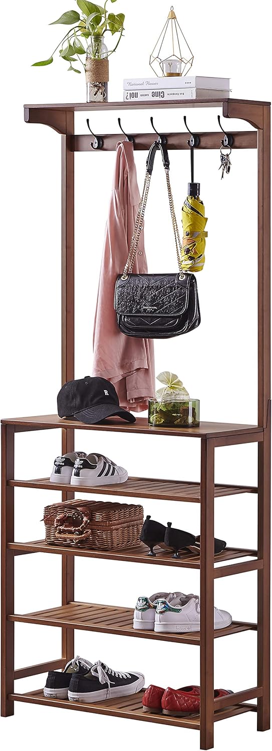 nearest rack room shoes on Amazon Com Seirione 4 Tier Shoe Coat Storage Rack 3 In 1 Design Hall Tree 5 Double Hooks 2 Storage Shelves Perfect For Entryway Mudroom Foyer Bedroom Etc Easy Assembly Home Improvement