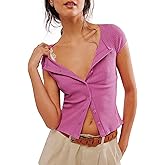 Womens Ribbed Short Sleeve Sweater Cardigan Button Down Shirts Cardigan Blouses for Women Dressy Casual Wear