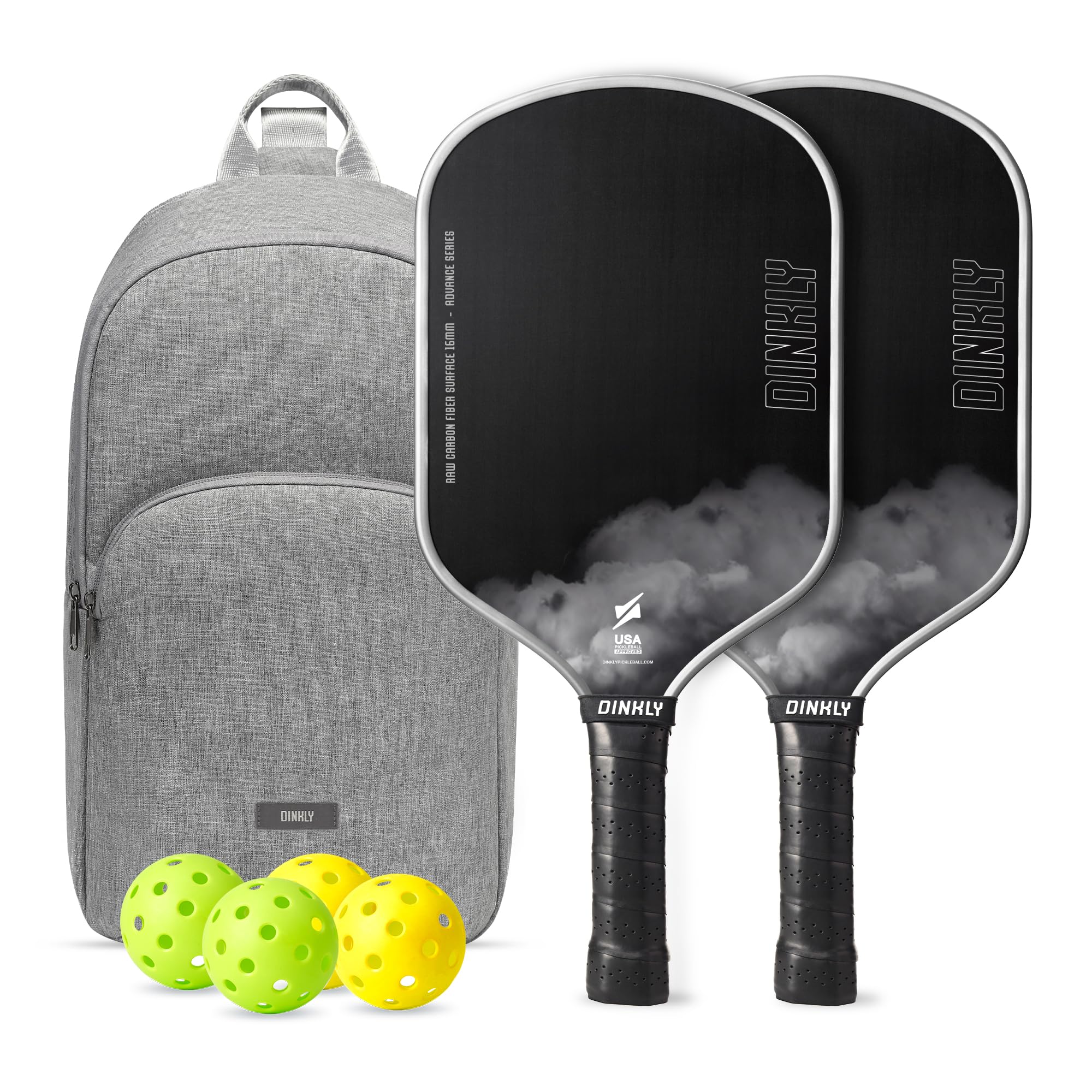 Photo 1 of Dinkly Raw Carbon Pickleball Paddles Set of 2, T700 Carbon Fiber Rackets with 16MM Honeycomb Polymer Core, 4 Balls and 1 Portable Carry Bag, USAPA Approved Pickleball Set for Men, Women, Grey