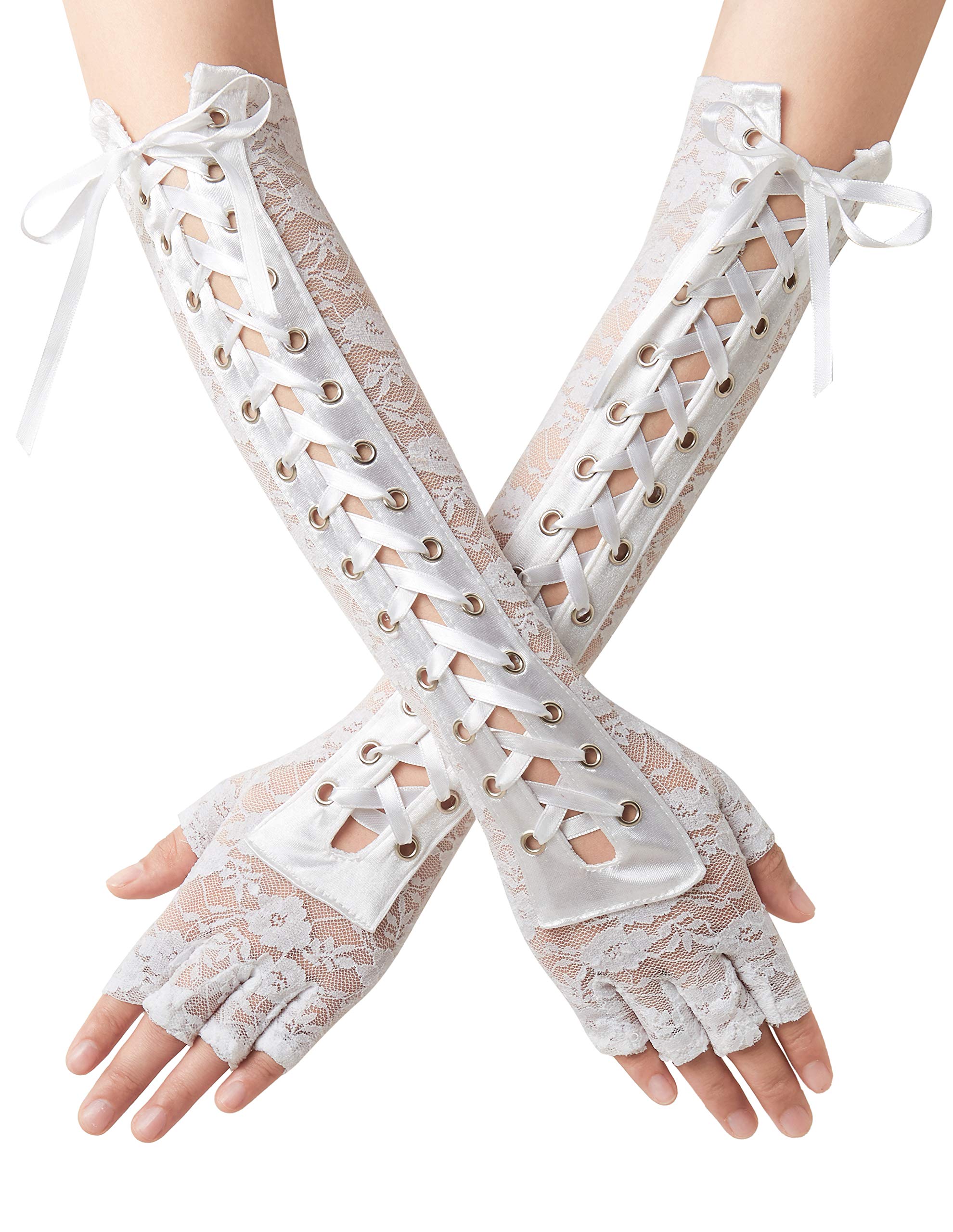 Coucoland Steampunk Gloves Lace Up Fingerless Gloves Adjustable Long Gloves for Evening Party (A-Lace White)