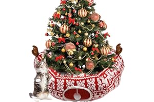 Cat Donut Tunnel for Christmas Tree - Warm Soft Cat Tube Christmas Tree Skirt, Christmas Themed Patterns Cats Red Tunnel Bed 