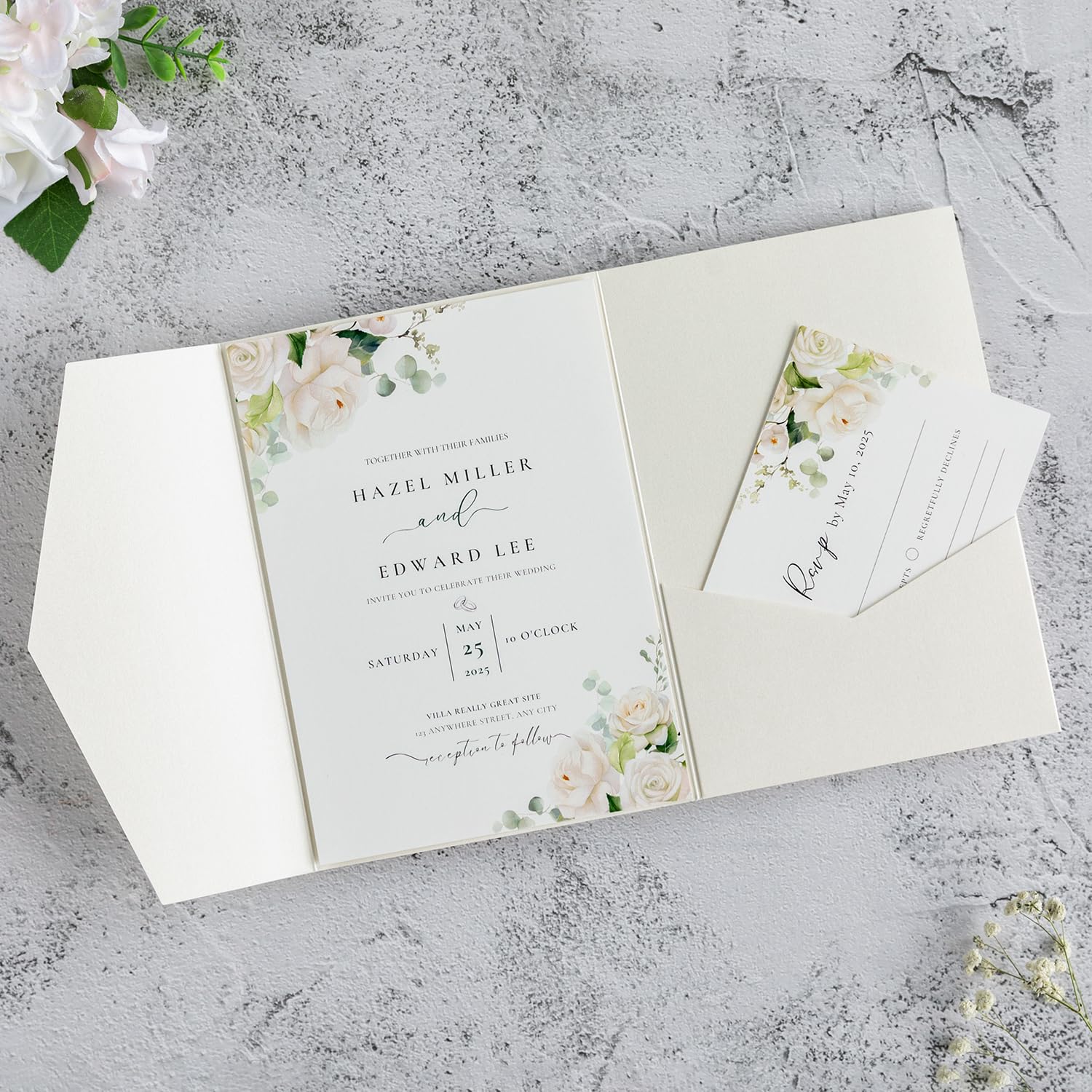 Photo 1 of FEIYI 20 PCS Ivory Tri-fold Laser Cut Wedding Invitation Pockets for 5x7 Wedding Cards Bridal Shower Engagement Quinceanera Invitation