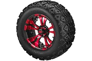RM Cart 12" Warlock Black/Red on 22x11-12 Black Trail Tires (Set of 4) | Golf Cart Tires and Wheels Combo with Standard Lug Nuts