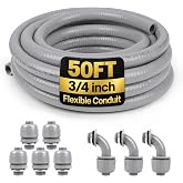 Elecoman 3/4inch 50ft Liquid-Tight Conduit and Connector Kit,Flexible Non-Metallic Liquid Tight Electrical Conduit Kit with 5 Straight and 3 90-Degree Connector Fittings,3/4 in. Dia
