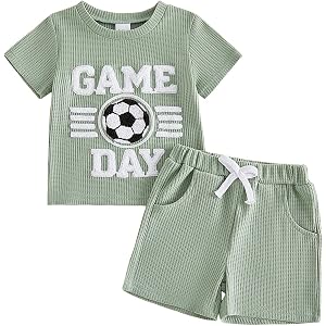 Amnnchya Toddler Baby Boy Girl Clothes Cute Soccer Summer Outfit Waffle Short Sleeve Shirt Tops Matching Shorts 2Pcs Set