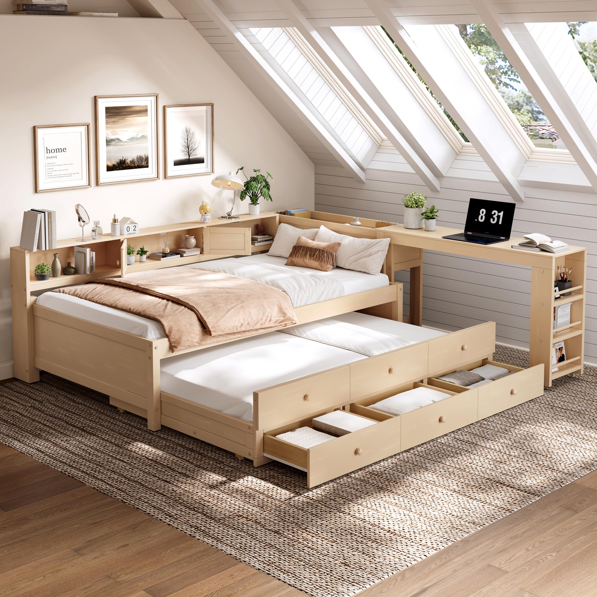 Photo 1 of **BOXES 1 AND 2, MISSING BOX 3**Bellemave Twin Corner Bed Frame with Desk and Storage Shelves, Captain beds with Bookcase and Trundle and 3 Drawers, Wood Twin Size Daybed, Golden