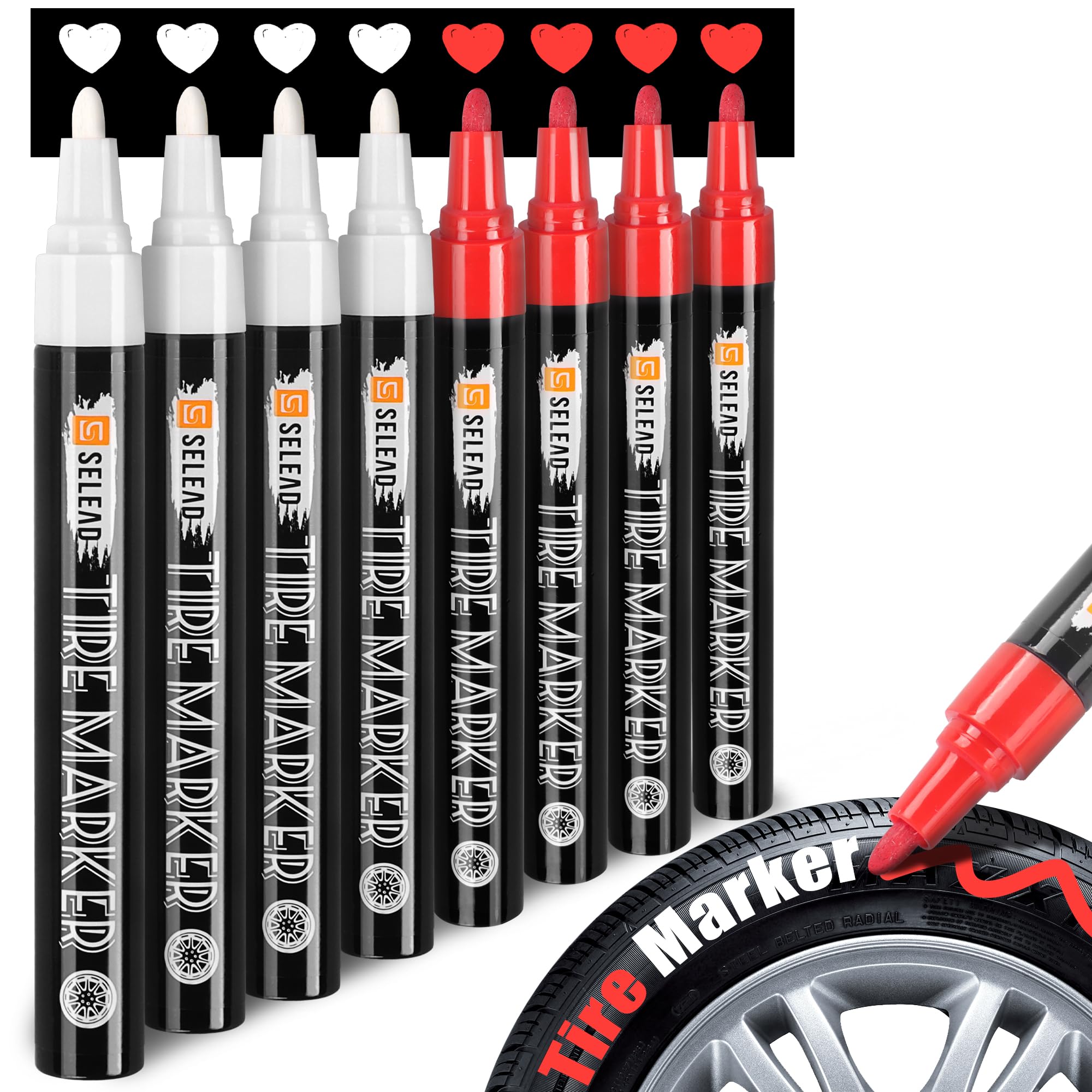 Photo 1 of SELEAD Tire Marker White Red - 8 Pack Paint Pens for Car Tires Lettering, Premium Professional Oil Based Ink, Waterproof Quick Drying Non-Fading Permanent Markers