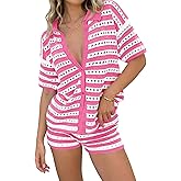 Saodimallsu Womens Crochet Swimsuit Coverup Summer 2 Piece Outfits Striped Knit Short Sleeve Button Shirts Shorts Sets