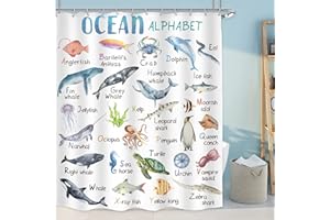LGhtyro Kid Ocean Alphabet Shower Curtain Bathroom Set 60Wx71H Inches Funny Cartoon ABC Sea Animal Watercolor Educational Learning Tool Bath Accessories for Child Art Home Decor Fabric 12 Pack Hooks