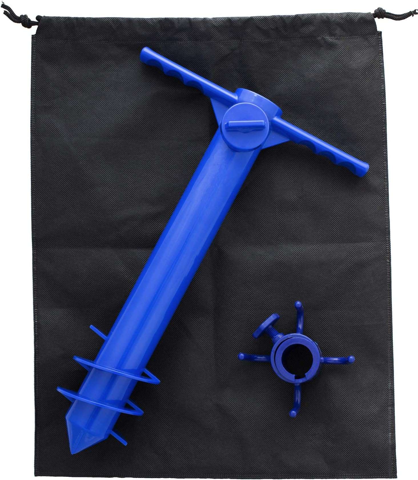 Extraordinaire Beach Umbrella Sand Anchor - Pole Base Screw Holder Stand Portable Auger Stake Support Safe for Strong Winds One Size Fits All Sturdy Blue Plastic Complete with Towel Hook and Carry Bag