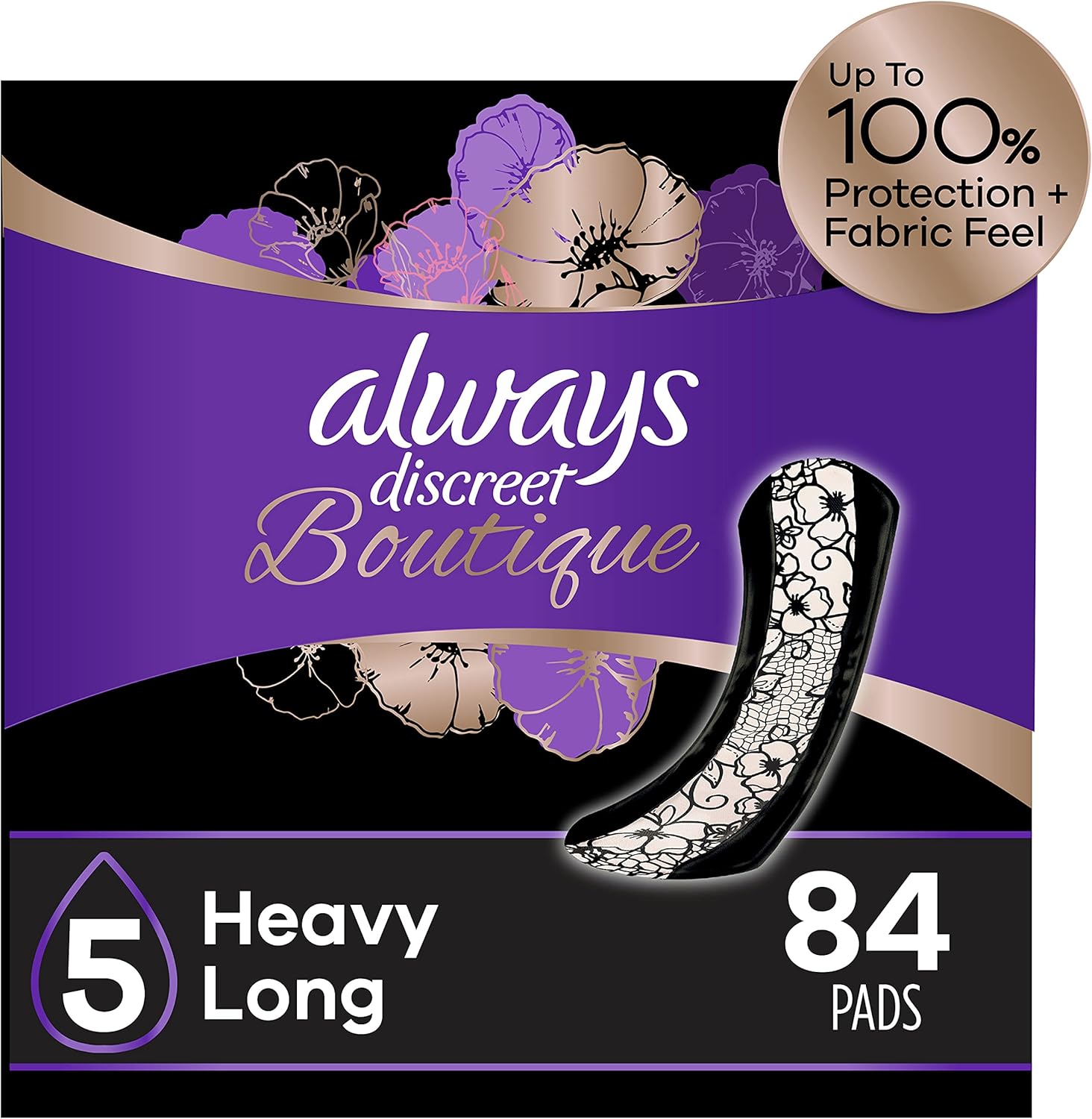 Always Discreet Boutique Incontinence & Postpartum Incontinence Pads for Women, Heavy Absorbency, Long Length, 84 Count: Health & Personal Care