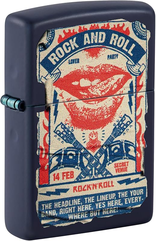 Isqueiro Windproof - Poster de Rock & Roll - Acabamento Azul-Marinho Matte, Imagem a Cores - Recarregável - Reutilizável - Design à prova de vento - Caixa de Presente - Fabricado nos EUA