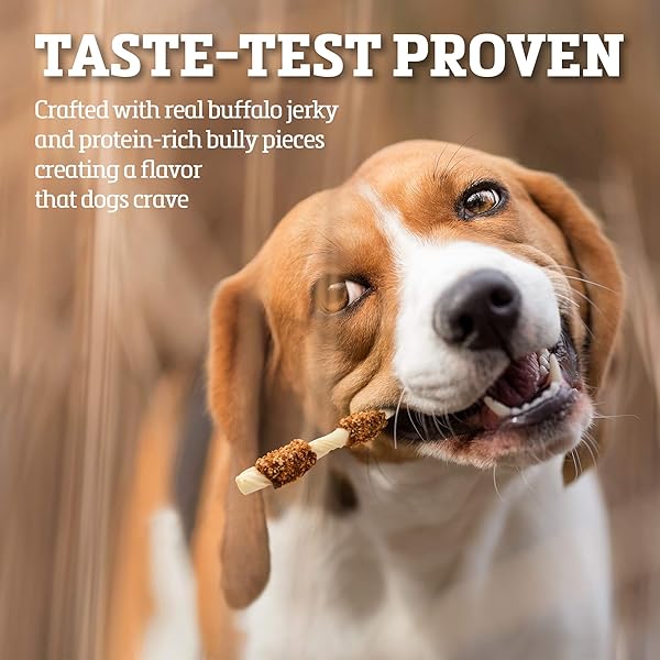 BUFFALO RANGE RAWHIDE DOG TREATS | HEALTHY, GRASS-FED BUFFALO JERKY RAW HIDE CHEWS | HICKORY SMOKED FLAVOR | JERKY KABOB WITH BULLYPIECE | 12 COUNT