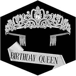 Birthday Sash and Crown for Women, Silver Crystal