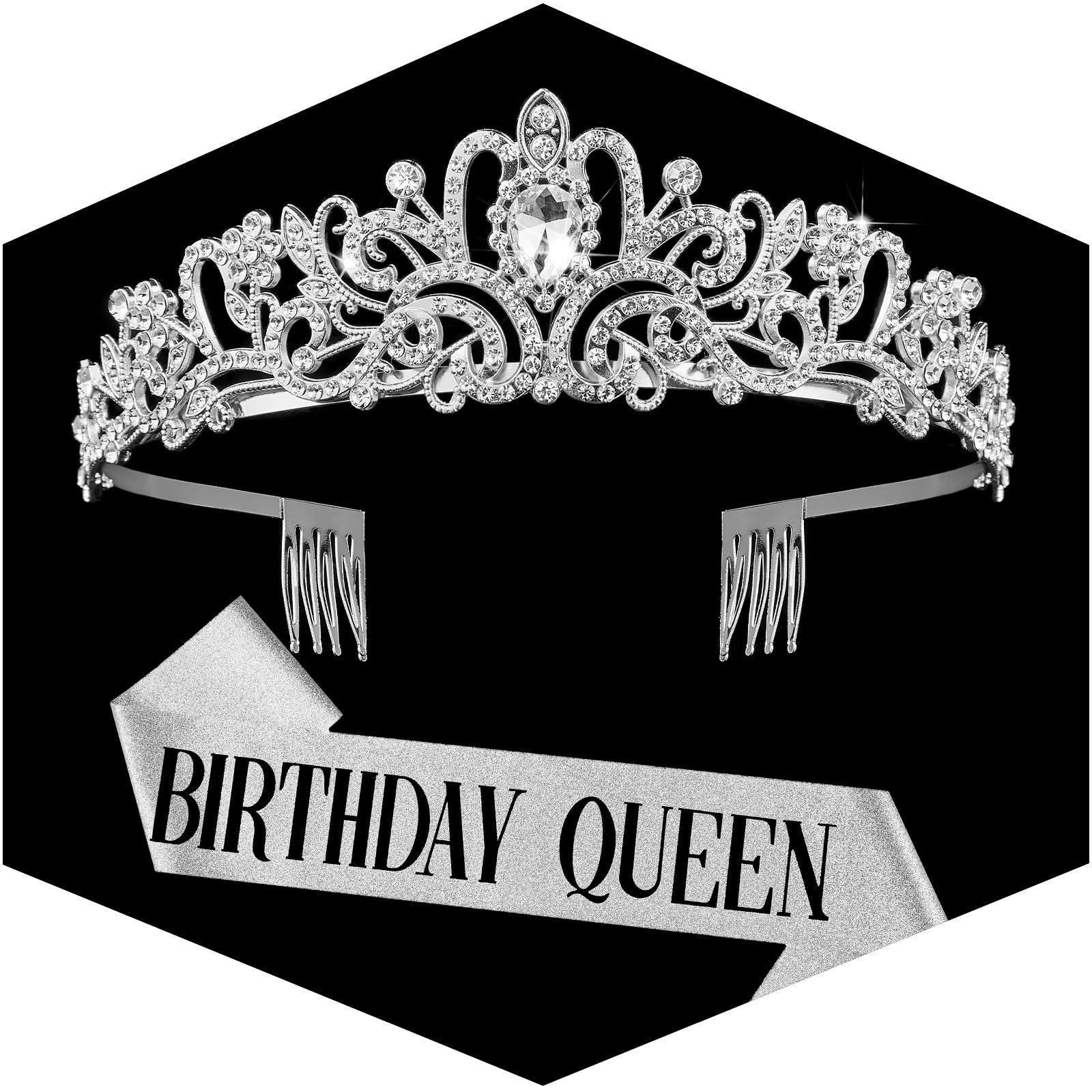 Birthday Sash and Crown for Women, Silver Crystal