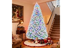 Hykolity 6 ft Prelit Snow Flocked Christmas Tree, 1032 Hinged Branch Tips Christmas Tree, 250 Color-Changing LED Lights, 10 Colors, Full Snowy Appearance, Easy Assembly, Metal Stand