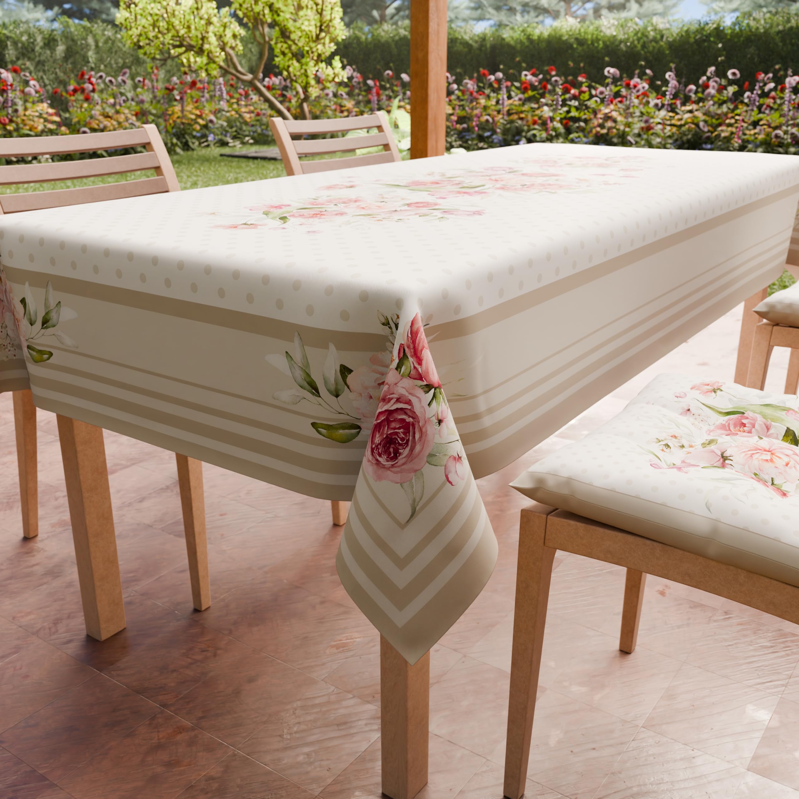 PETTI Artigiani Italiani - Stain Resistant Rectangular Tablecloth Kitchen Table Cover Shabby Polka Dot Design Taupe X6 Seater (140 x 180 cm) 100% Made in Italy