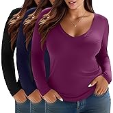 Evervibe 3 Pack Women's Plus Size Shirts, Deep V Neck Long Sleeve Tops Slim Fit Cotton Blend T-Shirts Casual Basic Layer Tee