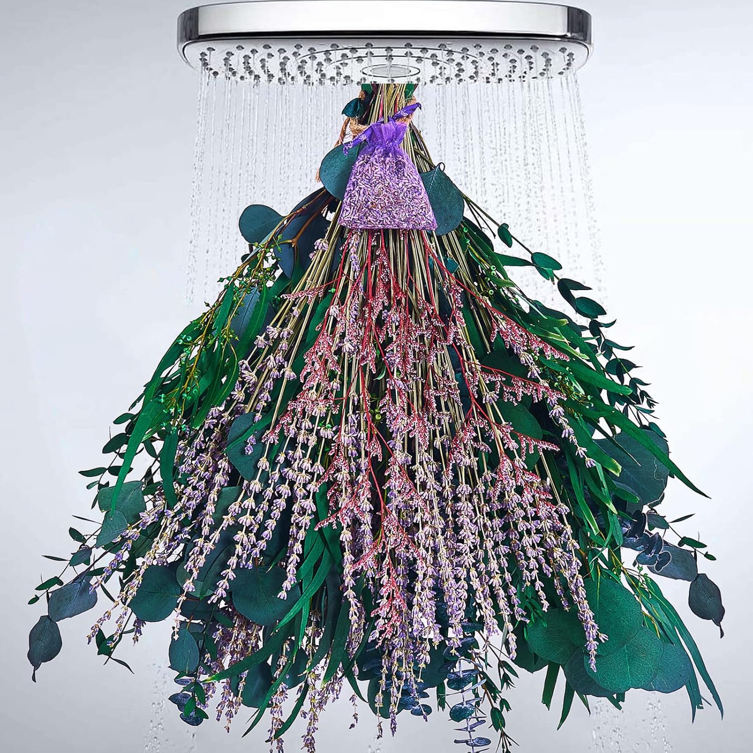 Dried & Preserved Flora - 125 Pcs Mix Dried Eucalyptus Stems - Lavender & Red Valentine Grass Bundles for Shower, 100% Natural Real Eucalyptus Leaves, Hanging Greenery Plant Decor for Shower, Home Spa Fragrance Bathroom Decor