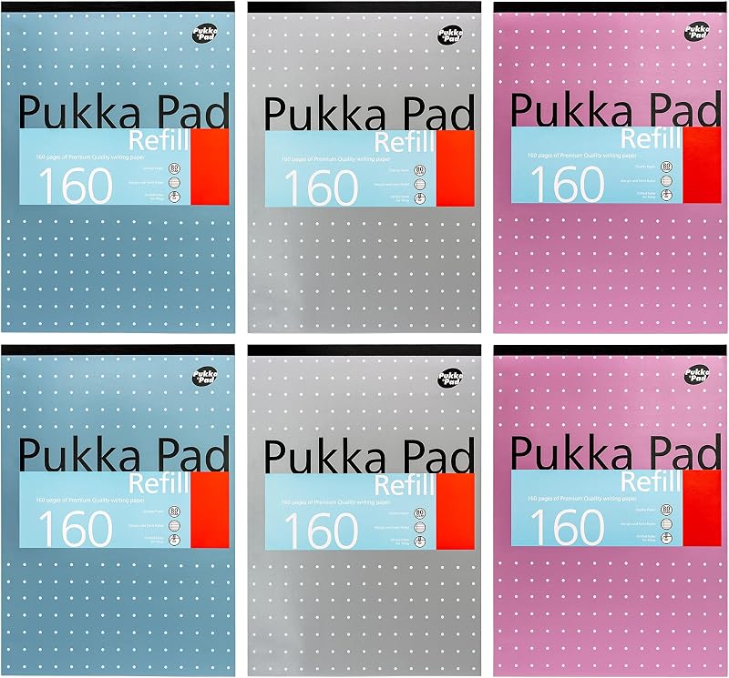 Pukka Pad A4 Refill Notepad 160 Pages 80GSM 8mm Ruled Tape Bound 4-Hole Pack 6