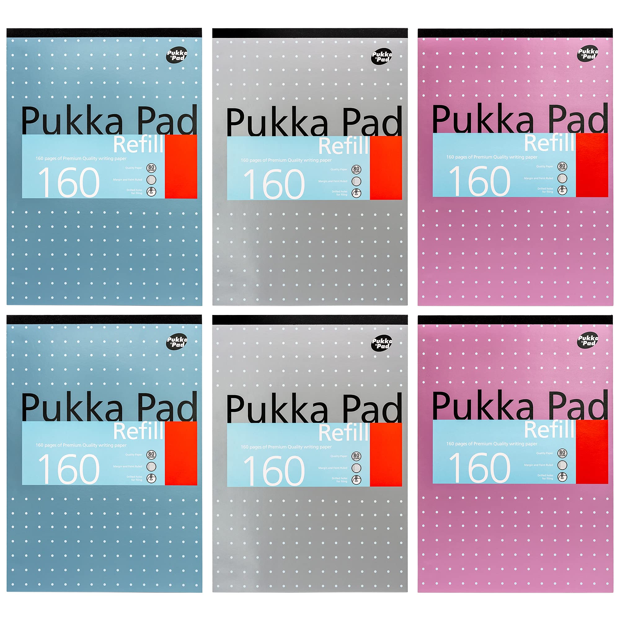 Pukka Pad, A4 Refill Notepad – 160 Pages of Premium Quality Paper - 80GSM, with Feint Ruled 8mm Lines and Margin – Tape Head Bound with 4-Holepunch – 29.7 x 21cm – Pack of 6, Assorted Colours