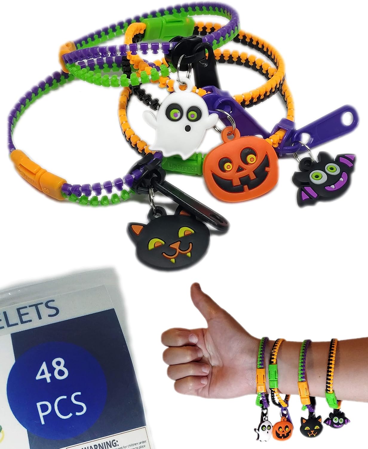 UpBrands Halloween Party Favor for Kids Zipper Bracelets Bulk Set, Kit for Birthday, Goodie Bags & Pinata Filler, Halloween Basket Stuffers, Fidget Toys, Sensory Friendship Jewelry (48 Pack)