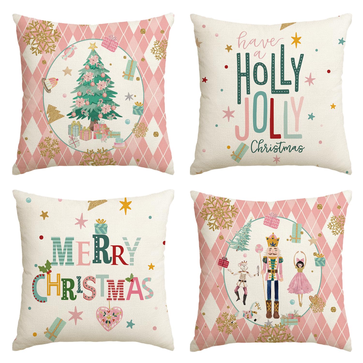 Artoid Mode Pink Diamond Plaid Nutcracker Snowflake Christmas Cushion Covers Set of 4, 50x50 cm Decorative Pillow Case Cover Sofa Living Room Decor