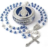 HanlinCC 6mm Glass Pearl Beads with 8mm Our Father Beads with Caps Rosary Pack in Miraculous Metal Gift Box