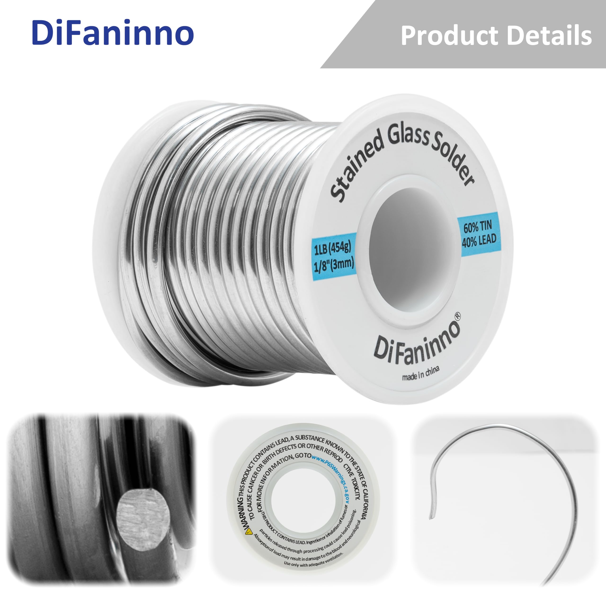 HGMZZQ 60/40 Solder Wire For Stained Glass – 3mm Diameter, 1lb Spool, Solid Core, Melting Point 361°F, No Flux Included