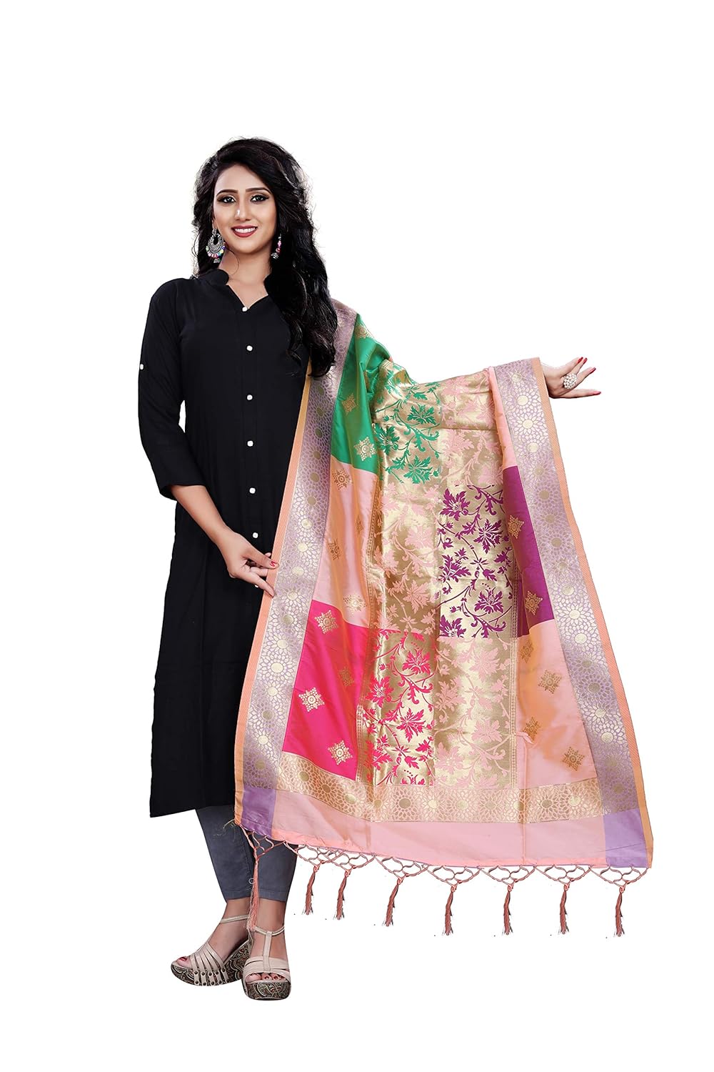 generic women's banarasi silk dupatta (light pink, free size)