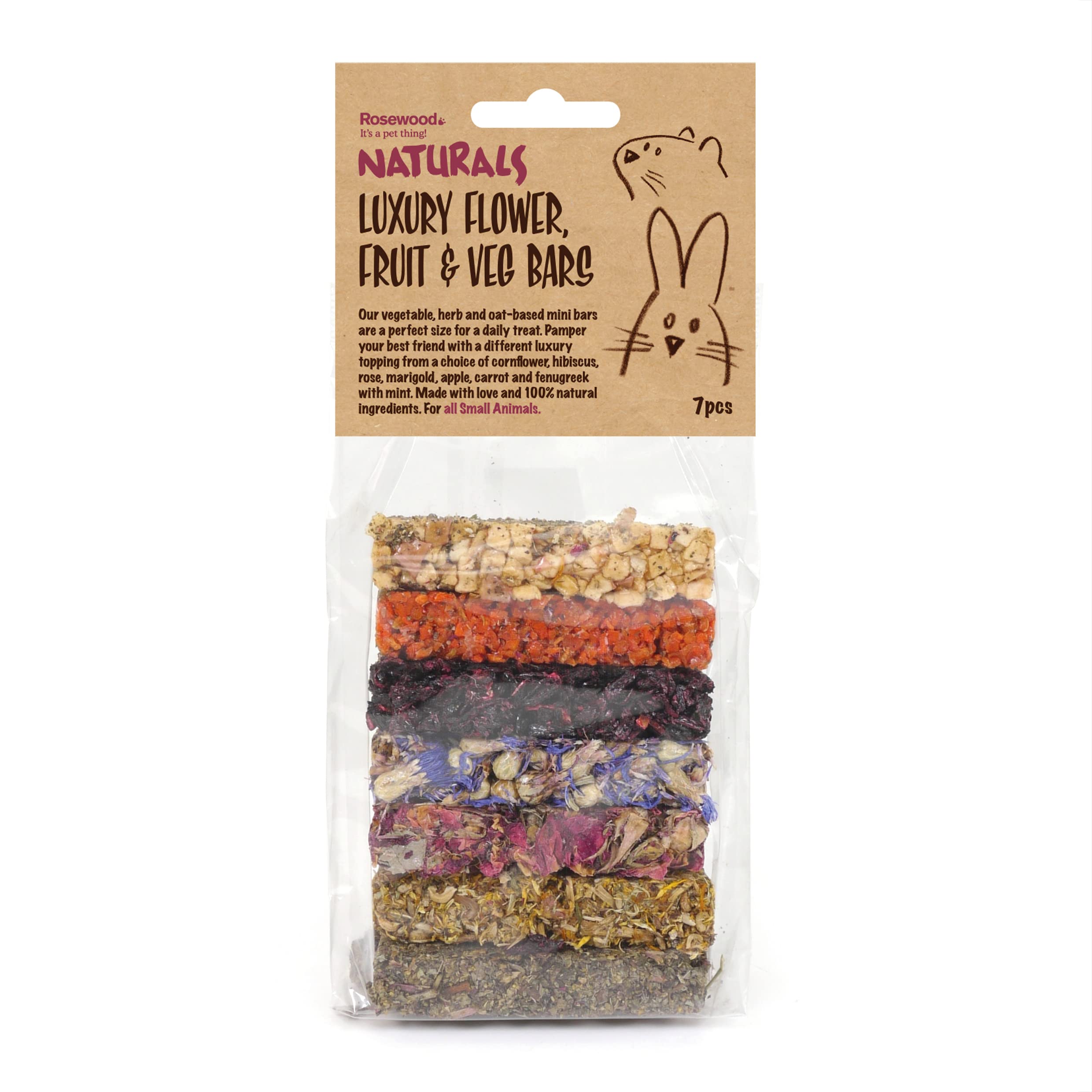 Rosewood Naturals Luxury Flower, Fruit & Veg Bars, Small Animal Treats for Rabbits, Guinea Pigs, Chinchillas, Degus, Hamsters, Gerbils, Mice and Rats, 7pc/80g - (6 Pack)