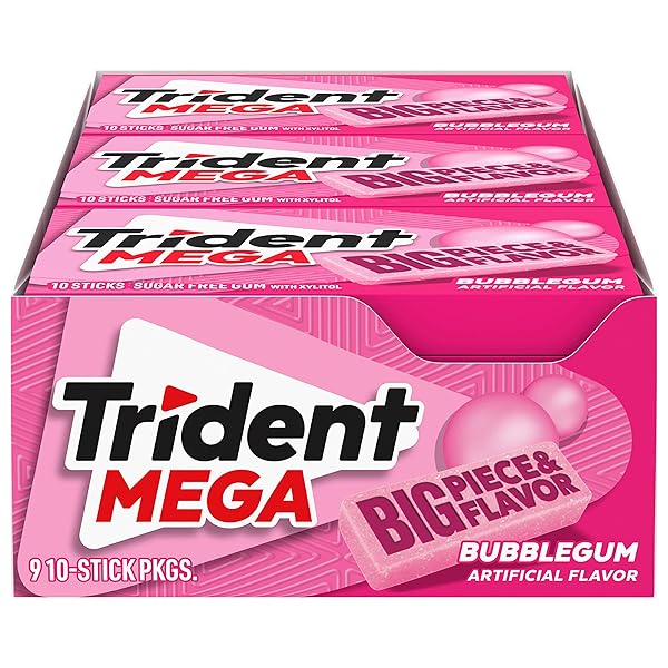 TRIDENT MEGA BUBBLEGUM SUGAR-FREE CHEWING GUM, 9 PACKS OF 10 PIECES (90 TOTAL PIECES)