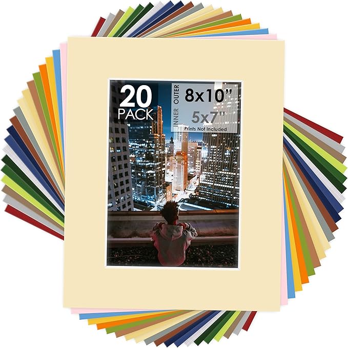 Mat Board Center, Pack of 20, 8x10 Mixed Colors White Core