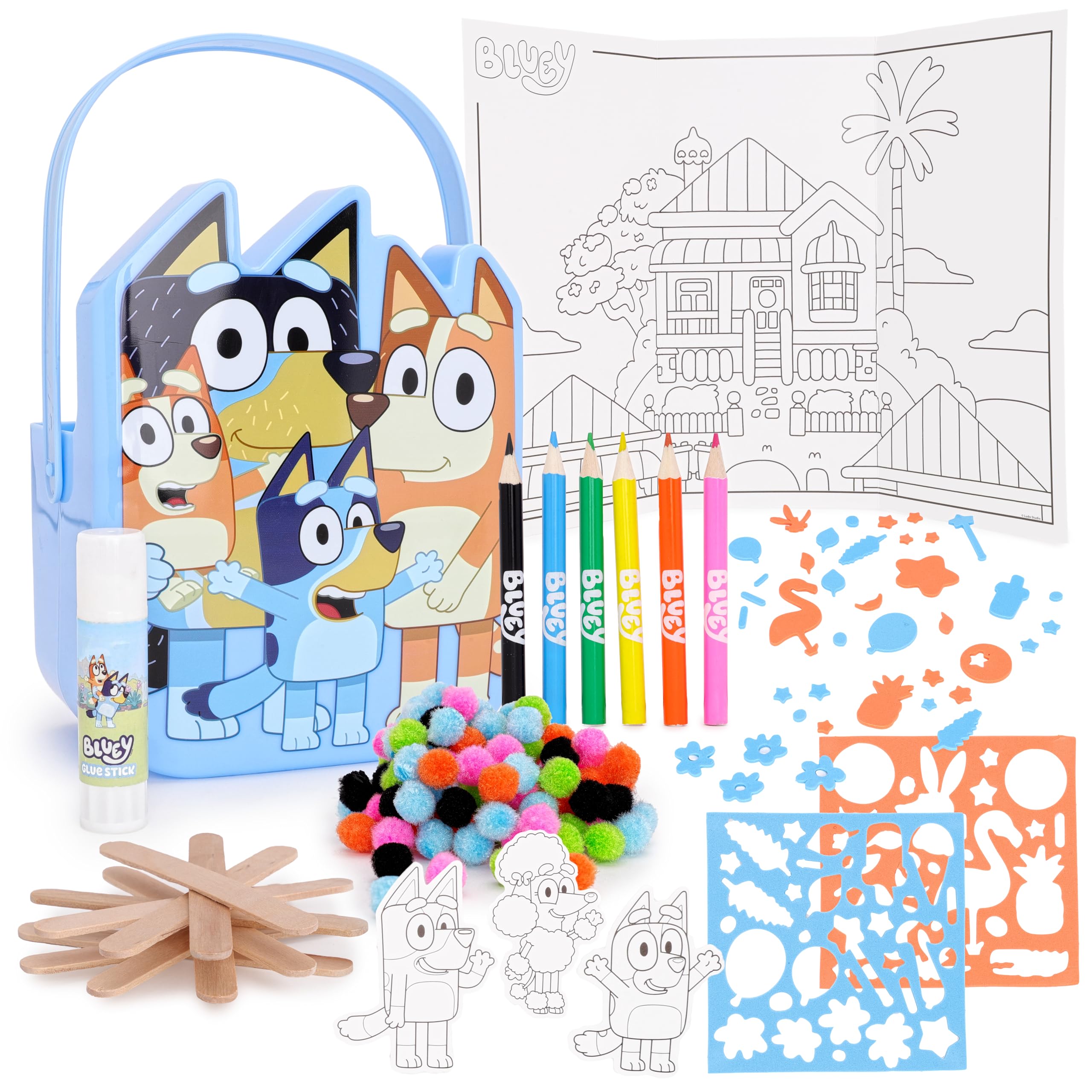 Toyland® 28 Piece Bluey Craft Bucket Activity Set - 25 Craft Accessories, 1 Glue Stick, 1 Folding Colouring Scene & 1 Bucket - Arts & Crafts Toys — image 1